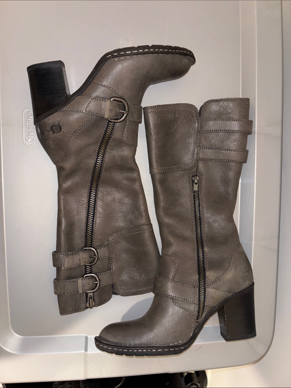 Born Gray Mid-Calf Heeled Buckle Zip Boots - Picture 3 of 6